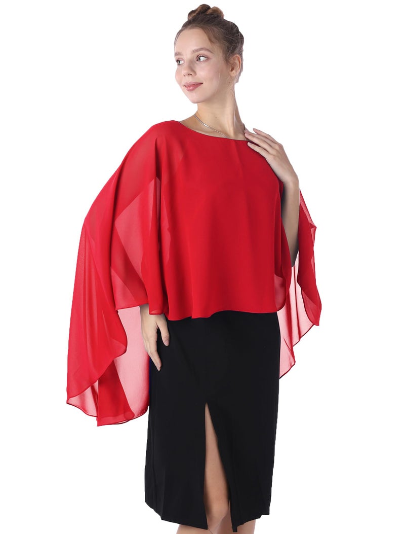 Baoqiya Chiffon Capes Sheer Capelets Bridal Shawls And Wraps Cape Long Plus Size Poncho Cape For Women (Red) - Image 5